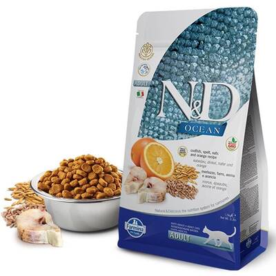 N&D Ocean Morina Balıklı ve Portakallı Ata Tahıllı Yetişkin Kedi Maması 1,5 Kg