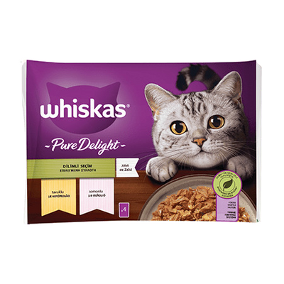 Whiskas Pouch Pure Delight Jöle İçinde Tavuklu ve Somonlu Yetişkin Kedi Konservesi 85gr (4'lü)